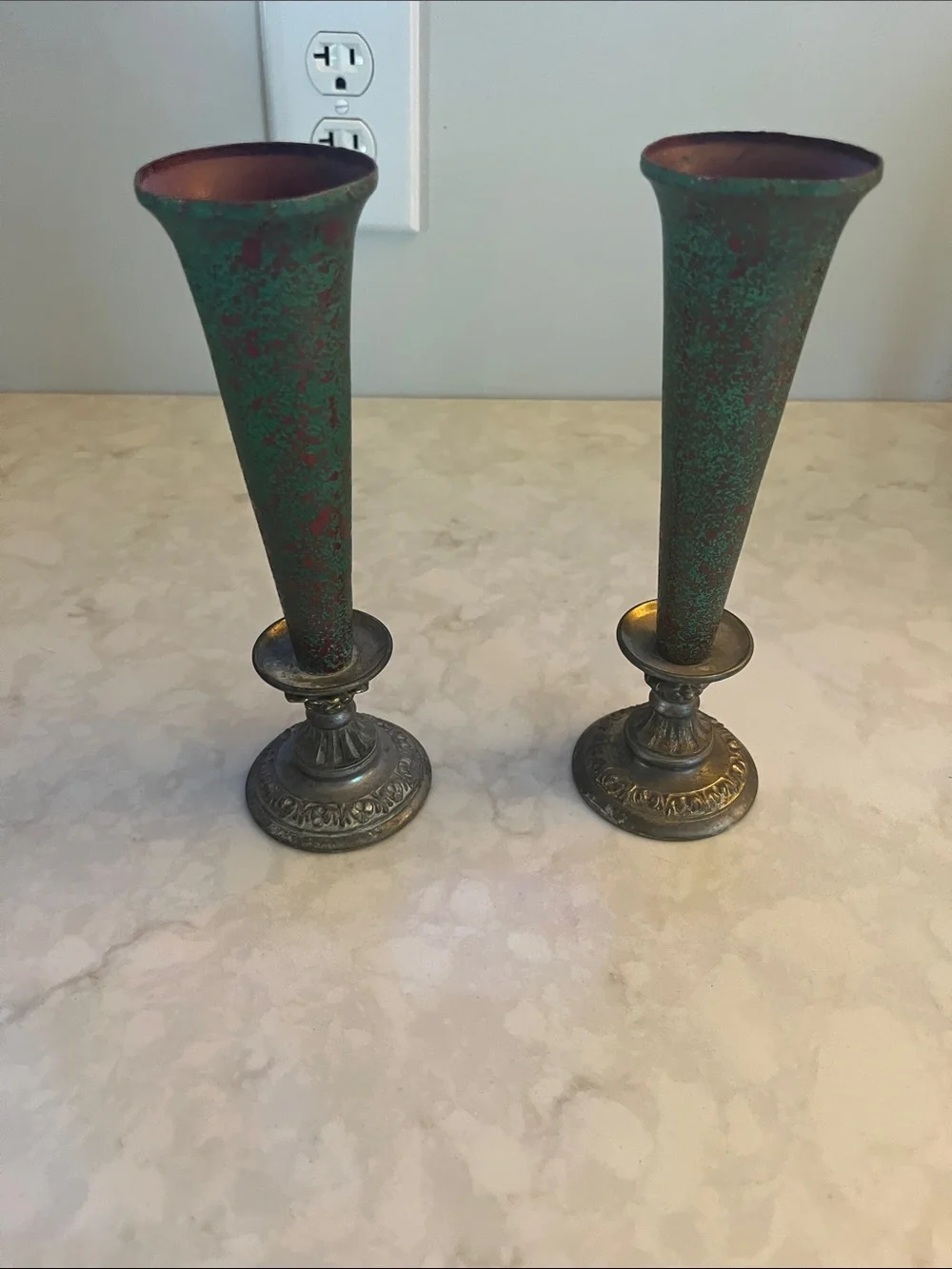 Antique brass bud vases  trumpet shape ornate Victorian style